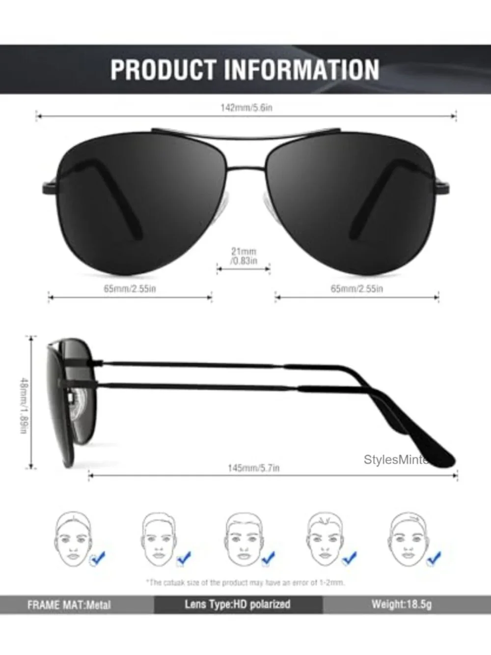 Polarized Aviator Sunglasses Metal Frame UV400 Protection Lightweight Driving